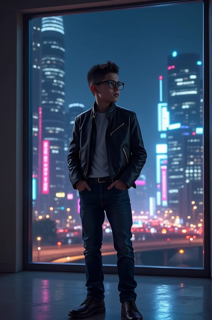 A young adult boy, businessman looks, businessman, handsome, with glasses, back side view, back, full body, 5 feet 6 inches height, medium height big window, night, dark, digitalis city , handsome boy, realistic, real looks, realistic view, stylish boy, stylish bike jacket, real life, digital city, big room, GTA 5, stylish car jacket, full body show,