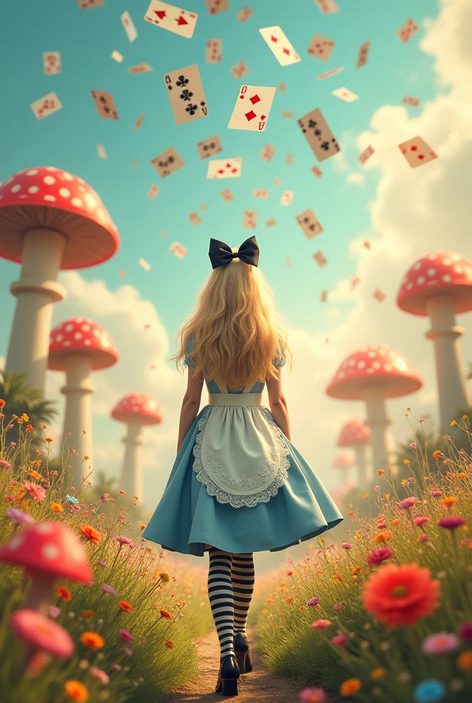 A movie poster, with a blonde with her back to me, wearing a blue dress and a white apron, long striped stockings, black shoes and a black bow in her hair, walking through a field of flowers and giant mushrooms, and playing cards falling from above
