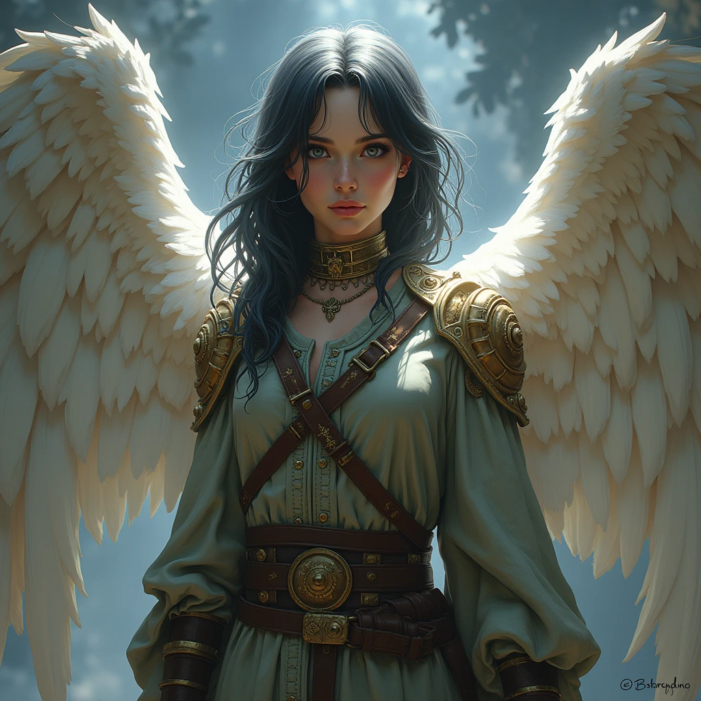 A dnd character who is an angel and who is an engineer and who has black eyes, is not very magical and celestial and does not have wings