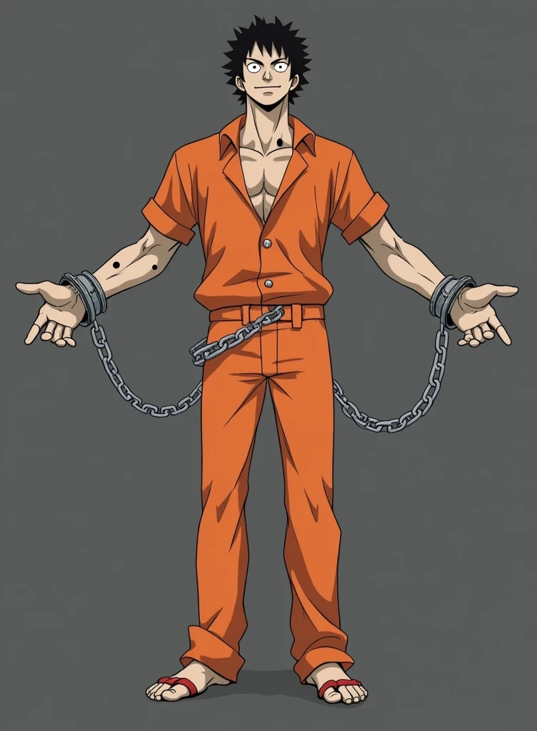 Fishman, his skin is silver white with black large spots patterned across his body, He is wearing an orange prisoner outfit, chains with handcuffs bind his wrists and legs, He has no hands, he is looking seriously with a slight smile on his face. Art style one piece.