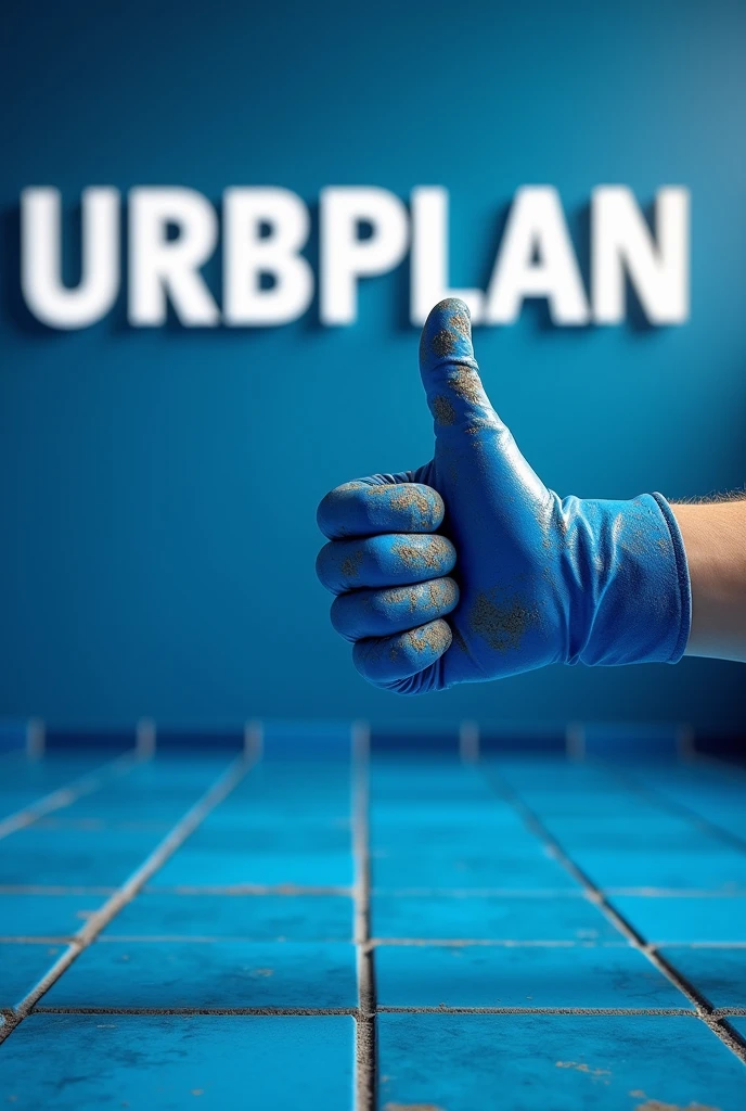 Visualize a realistic scene in 8K, where a slightly cement-stained hand is giving a thumbs up. The hand is wearing a blue glove, which contrasts with the visible cement. Ao fundo, a Portuguese blue floor is perfectly laid, with the word 'URBPLAN' written in white, standing out clearly against the blue of the floor. The image is dominated by shades of blue, reflected both in the glove and on the floor. The high resolution captures the details of the dirt on the glove, the gesture of approval and the quality of the floor finish, offering a clear and professional view of the work completed.