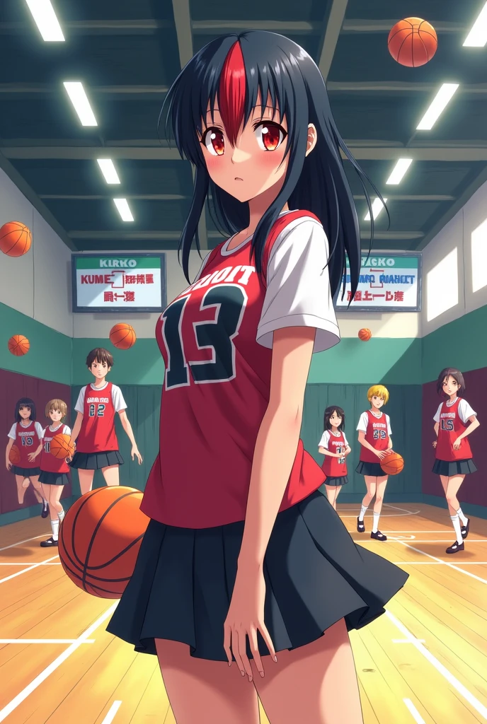 Girl with black hair and a red streak, heterochromatic eyes one red and one orange, wearing a skirt and shirt, With guys from the anime Kuroko no Basket, and behind them, they are in a basketball gym