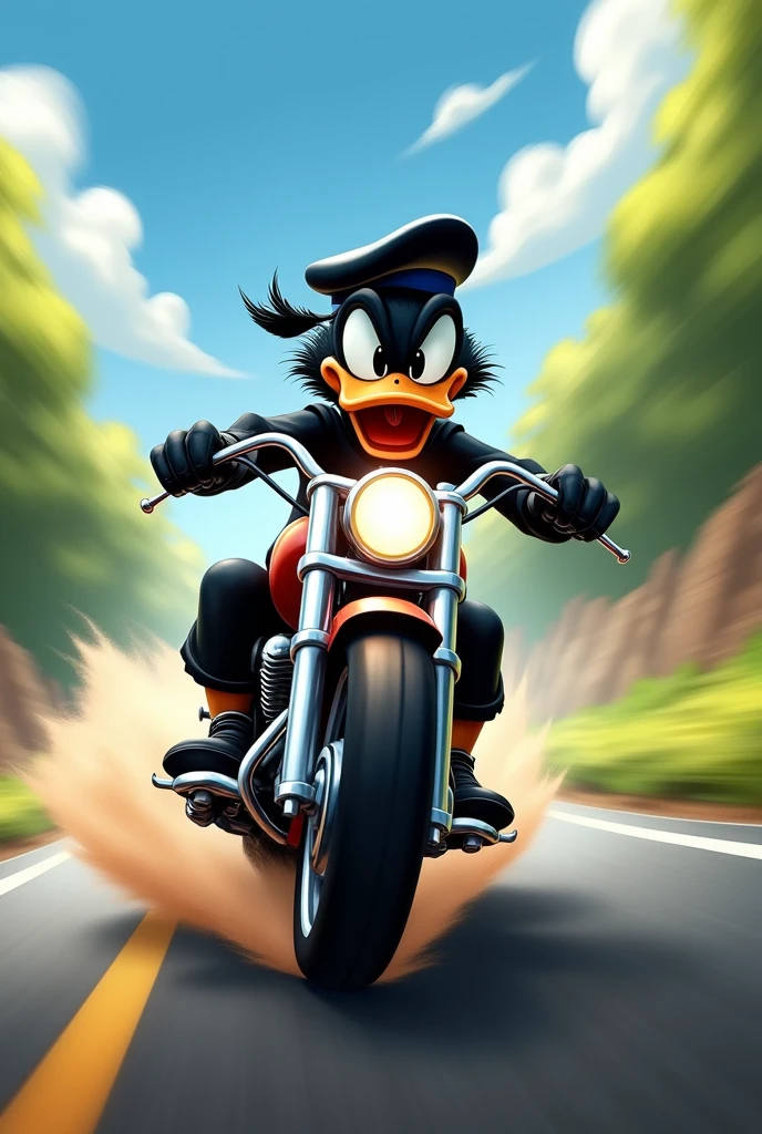 Donald Duck with black feathers riding a motorcycle at high speed 
