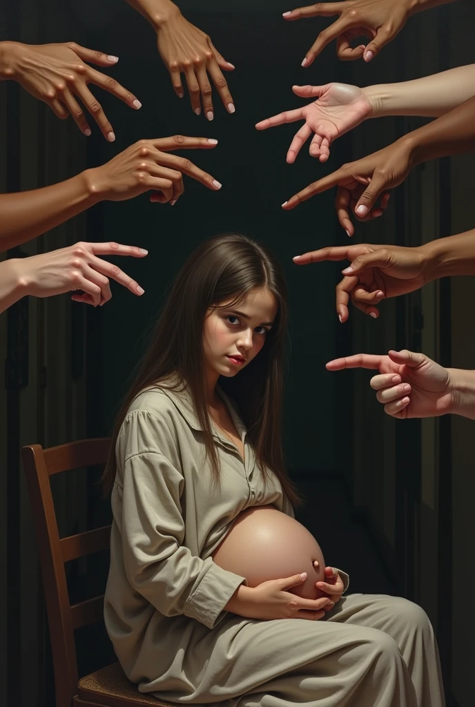Drawing of many hands pointing at a pregnant and sad ager because she is very young.