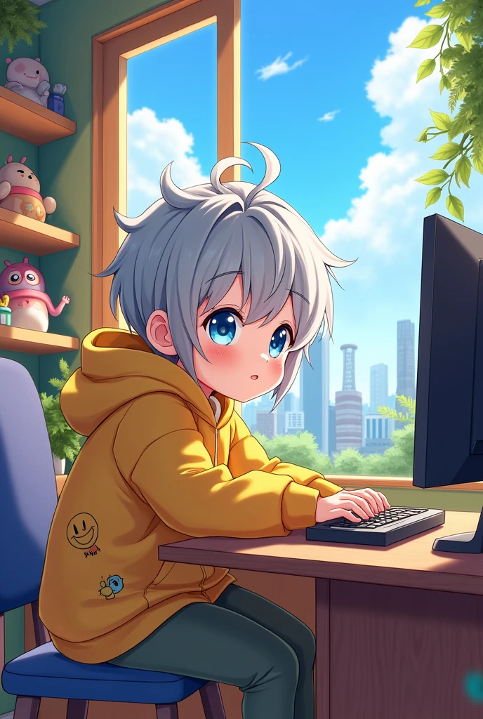 

"Create an anime-style image of a young child sitting at a computer desk. The child has large, bright blue eyes, and silver or white messy hair. They are wearing a yellow hoodie with cute and large  The background is a cozy, well-decorated room with a window showing a cityscape under a clear blue sky. There are toys and decorations on shelves in the room, adding a playful and  atmosphere. The lighting is warm, reflecting a peaceful and creative environment."
