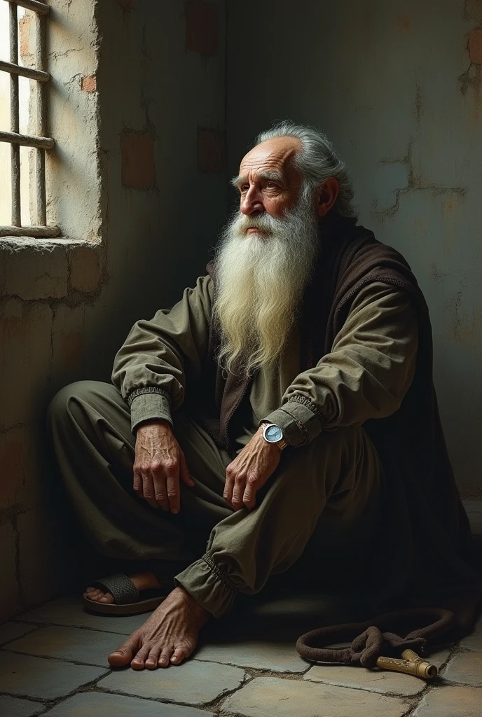 Oil painting of an old man with white beard and mustache sitting on the floor in prison