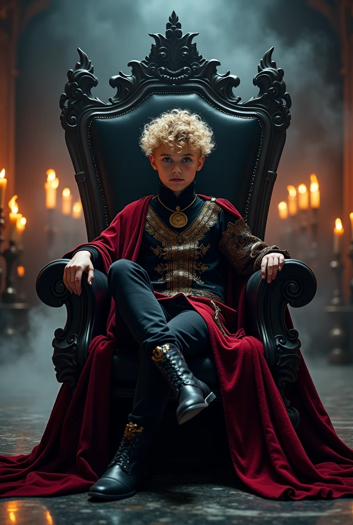 A blond boy with curly hair sits as demon king, taking a realistic photo