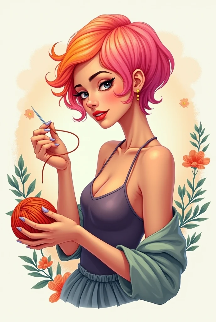 Logo of a woman with short pink and orange hair holding a crochet yarn and needle.