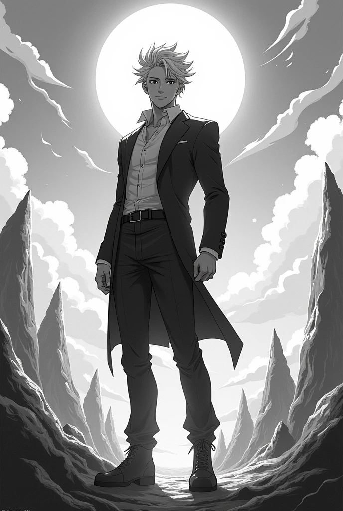 anime-shaped man, with the evolved mind, above the rest, conquering success, pondering, black andwhite, inspiration emotion