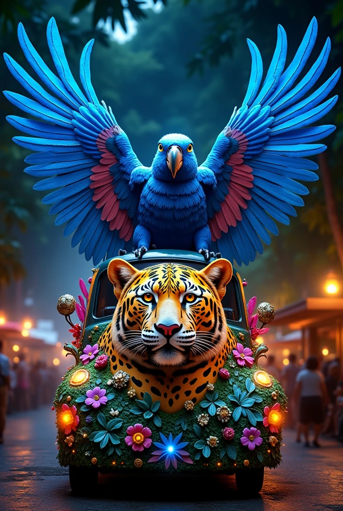 allegorical float with a giant blue macaw with open wings and a jaguar head in front with lights in its eyes
