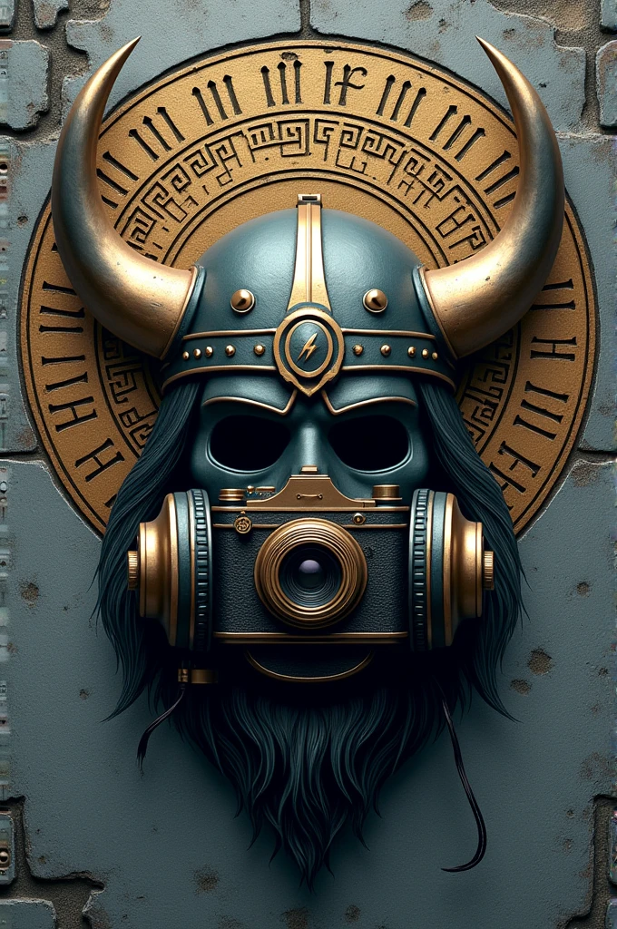 Logo with a camera and headphones in Viking style