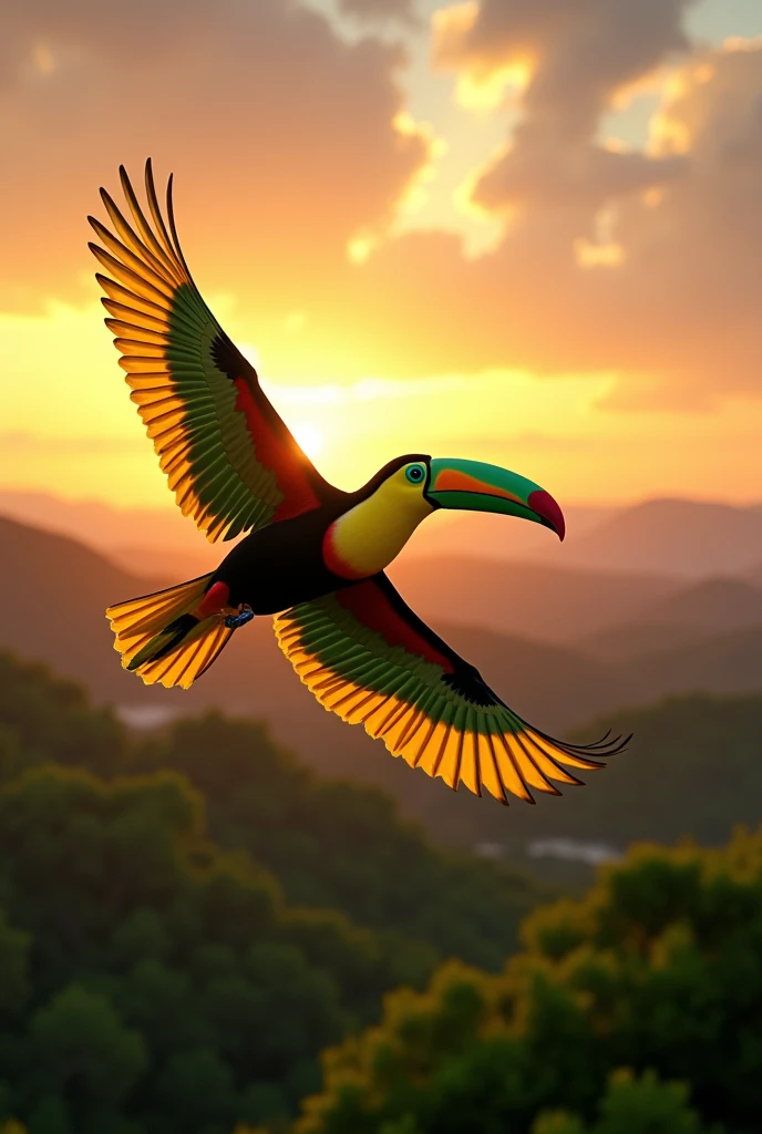toucan flying with the colors of the Brazilian flag, ((desert)), ((forest)), ((sunset)), ((WIDE VIEW)), (best quality, high resolution, masterpiece: 1.2), ultra-detailed, (realistic), (Fotos RAW:1.2), (photorealistic), photo-realistic: 1.37), HDR, UHD, Studio Lighting, Ultra-Fine Painting, Sharp Focus, Physically Based Rendering, Extreme Detail Depiction, Professional, Vivid Color, Portraits, Photography, Masterpiece, High Resolution Scan, (Photography: Canon 5D, 50 Zeiss Lens mm), ultra HD, HDR, grade, (professional color grading), sharp focus, natural lighting, ((intricate detail)), (reality: 1.4), (very detailed), light, super detail, 8k, best quality, 8k, best quality, Awards, high resolution, Textured Skin, Anatomically correct, ultra HD, accurate