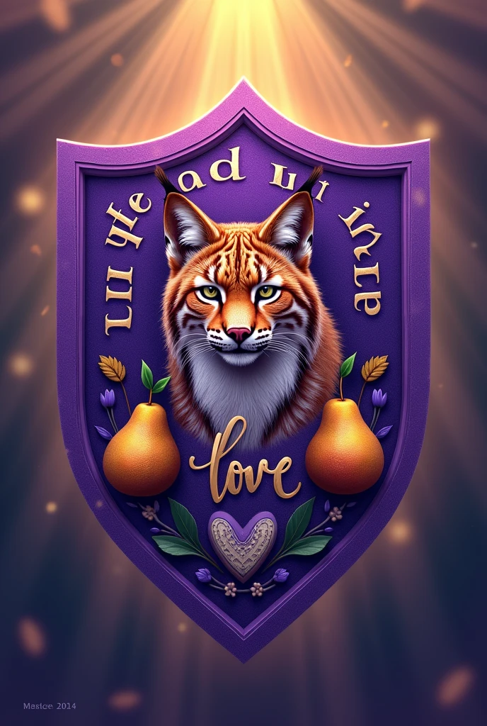 Create a purple shield with the following features a lynx, a pear, a bottle, the phrase all we need is love
