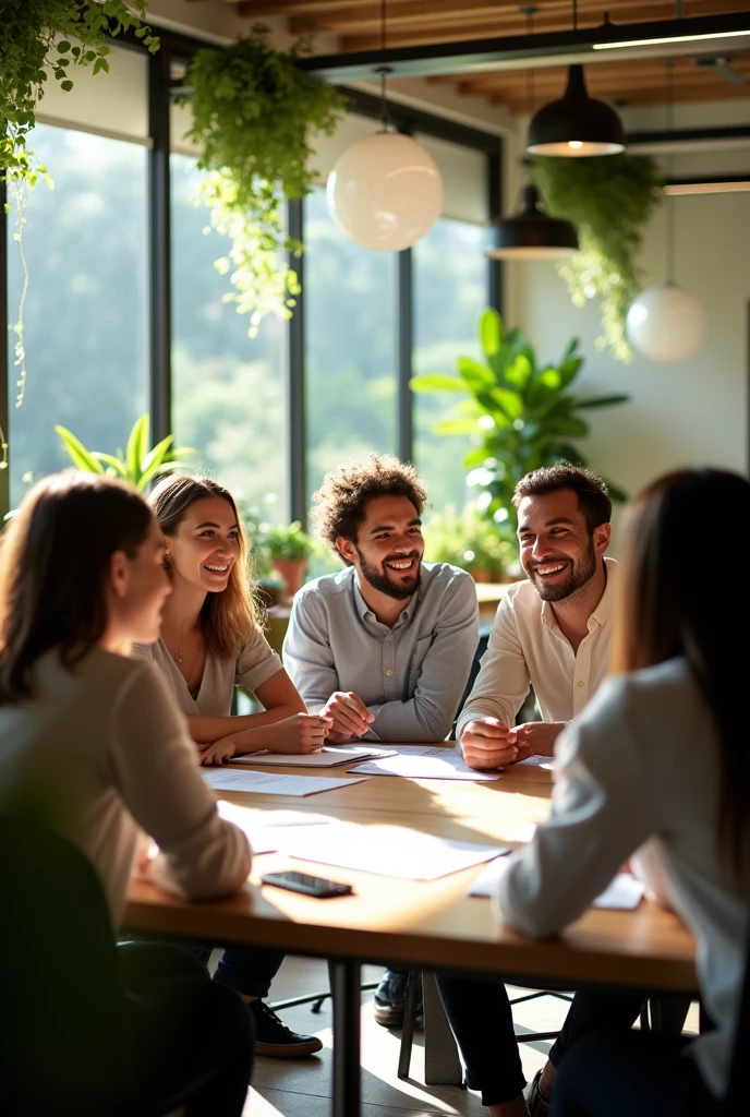  An image that depicts a modern and collaborative work environment, where collaborators are interacting positively, discussing ideas in an open space, featuring elements of nature (plants, naturallight) that symbolize a healthy environment.