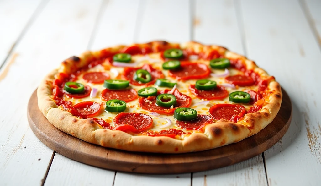 a delicious ((pizza)) on a white table with a white background, (pepperoni, bell peppers, jalapenos, onions, melted cheese, marinara sauce, crispy crust), Italian cuisine, savory, spicy, colorful toppings, fast food, cheese stretching, RAW ,Stock Photo, Masterpiece, Sony A7SIII, 4k, 8k, 12k, 80mm lens ,f/2.0, sharp focus, sharp details, highly detailed photo, intricate details, high-resolution, centered, easy to look, mockup, HD, 4K, UHD, focused, (realistic textures), full shot, wide view, safe, centered, colorful picture, modern, front view