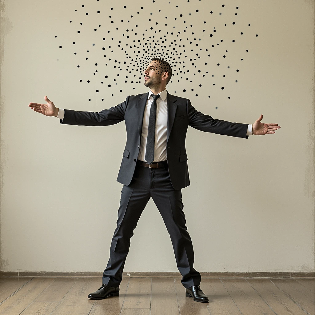 Man with a dot head streaching his arms