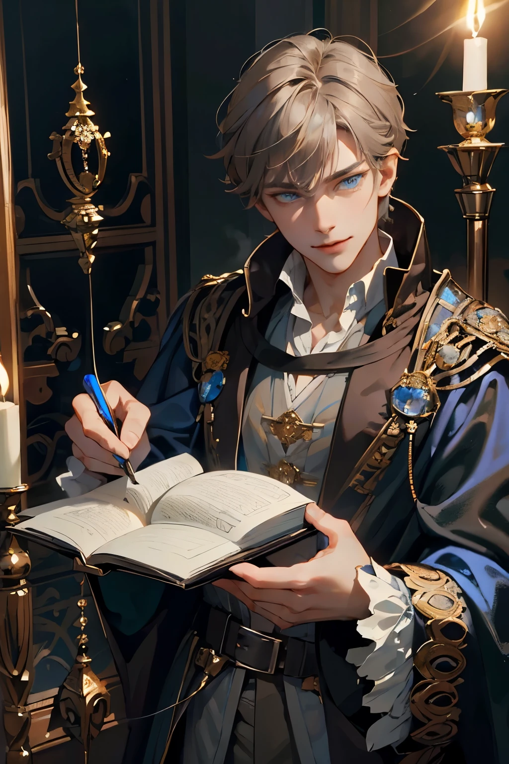 (masterpiece), best quality, expressive eyes, 18th century European male，magic師，sorcerer, Blue robe , Light brown hair，blue eyes，Bright Eyes，Thin lips，clever，Narrow shoulders, , short hair, curious, magic, Smile, Take the book