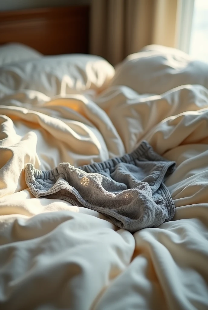create a photo of a bed with the sheets unmade, a crumpled gray silk lace panty on the bed