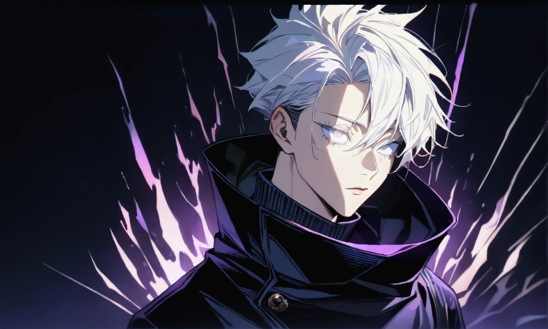 Man, white eye, white hair with purple highlights, black clothes with high collar, ((Intricate anime character design inspired by Jujutsu Kaisen)), ((Stunning lighting)), ((Fine lines)), ((Stunning focus)), ((Stunning face)), ((Detailed focus)), ((Detailed background)), ((Ultra-fine 2D design)), ((Background full of creativity)), ((2D masterpiece)), ((Best quality), ((8K)), ((Anime style))