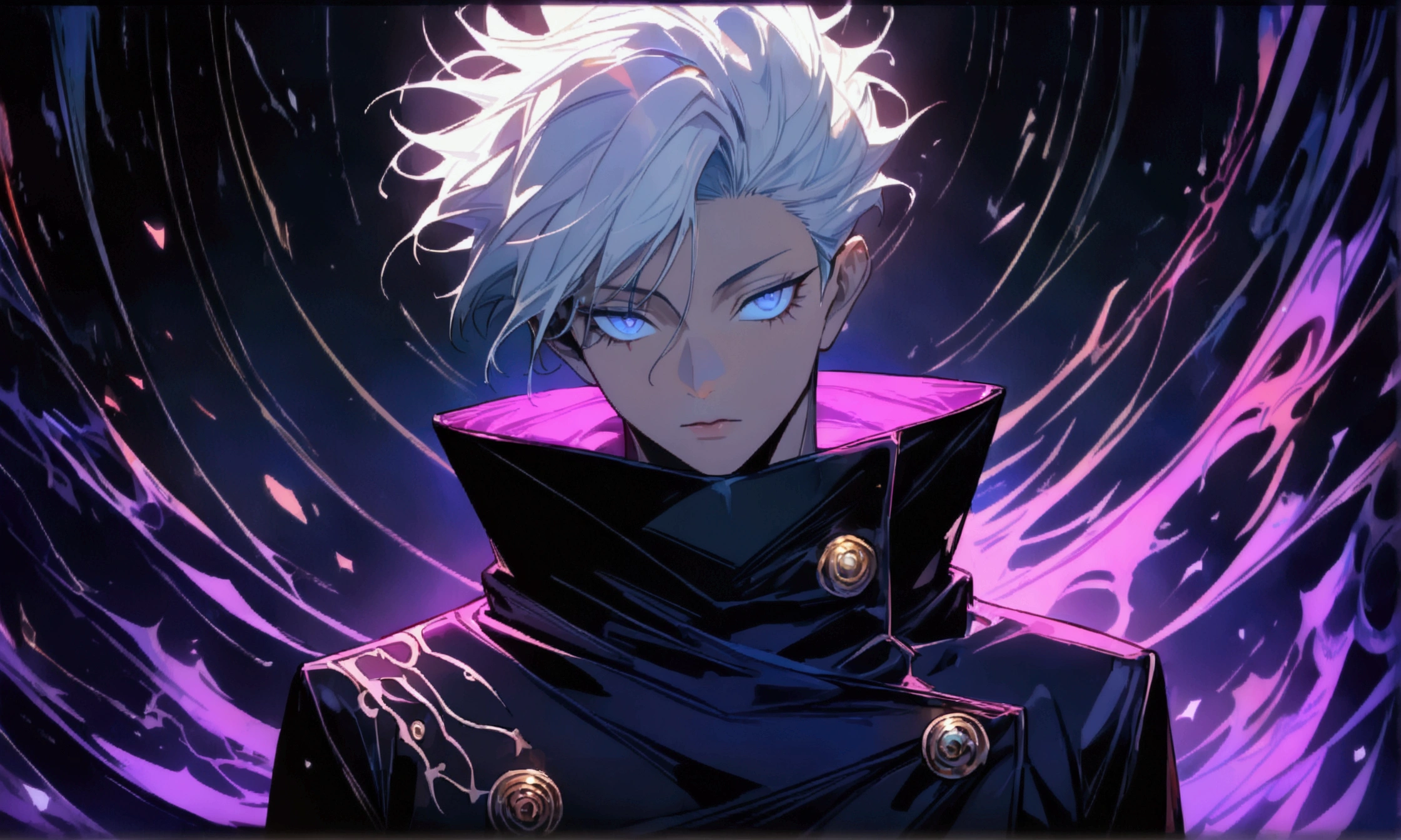 Man, white eye, white hair with purple highlights, black clothes with high collar, ((Intricate anime character design inspired by Jujutsu Kaisen)), ((Stunning lighting)), ((Fine lines)), ((Stunning focus)), ((Stunning face)), ((Detailed focus)), ((Detailed background)), ((Ultra-fine 2D design)), ((Background full of creativity)), ((2D masterpiece)), ((Best quality), ((8K)), ((Anime style))