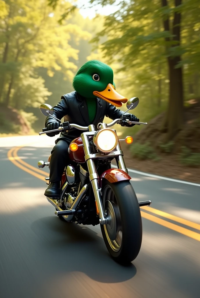 Duck with black feathers
riding a motorcycle at high speed