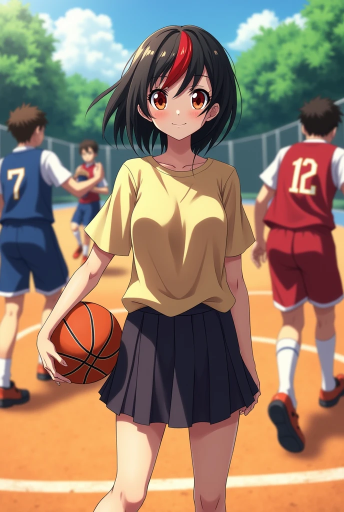 Girl with black hair and a red streak, heterochromatic eyes one red and one orange, wearing a skirt and shirt, With guys from the anime Kuroko no Basket
