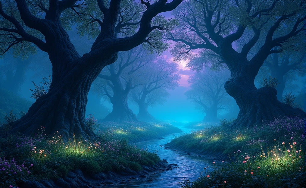 Fantasy landscape in dark tones, blue, purple and green, perhaps in a darker environment, with more fantasy and mystical things