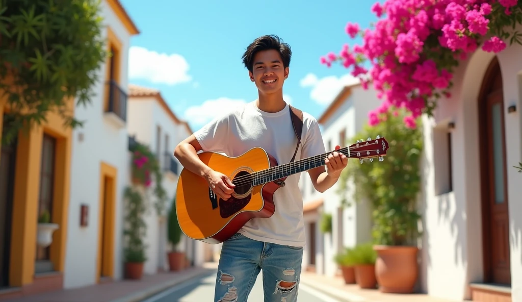 Full body photo, a hyper detailed photorealistic, handsome asian male , neat messy black hair, wearing tshirt, ripped pants jeans, running shoes, playing accoustic guitar at the street of Mijas Pueblo in the middle of summer, he is looking forward to camera, slightly looks, rendered in brilliantly colored, high resolution, 4K render