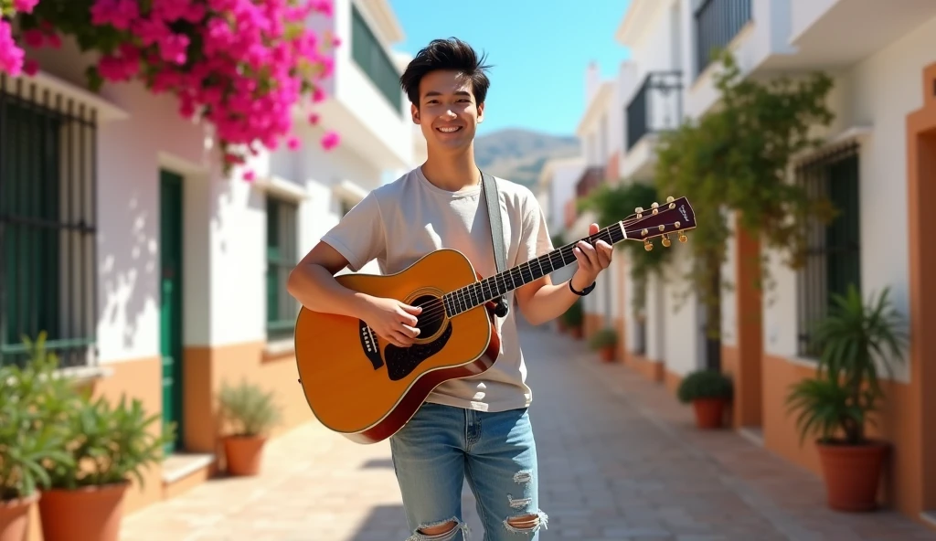 Full body photo, a hyper detailed photorealistic, handsome asian male , neat messy black hair, wearing tshirt, ripped pants jeans, running shoes, playing accoustic guitar at the street of Mijas Pueblo in the middle of summer, he is looking forward to camera, slightly looks, rendered in brilliantly colored, high resolution, 4K render