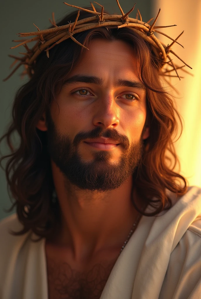 "Jesus Christ with a crown of thorns on His head, smiling warmly. The focus is on His face, which radiates kindness and compassion. His eyes are gentle and filled with love, and His smile is comforting and inviting. The background is soft and light, enhancing the overall feeling of warmth and reassurance."