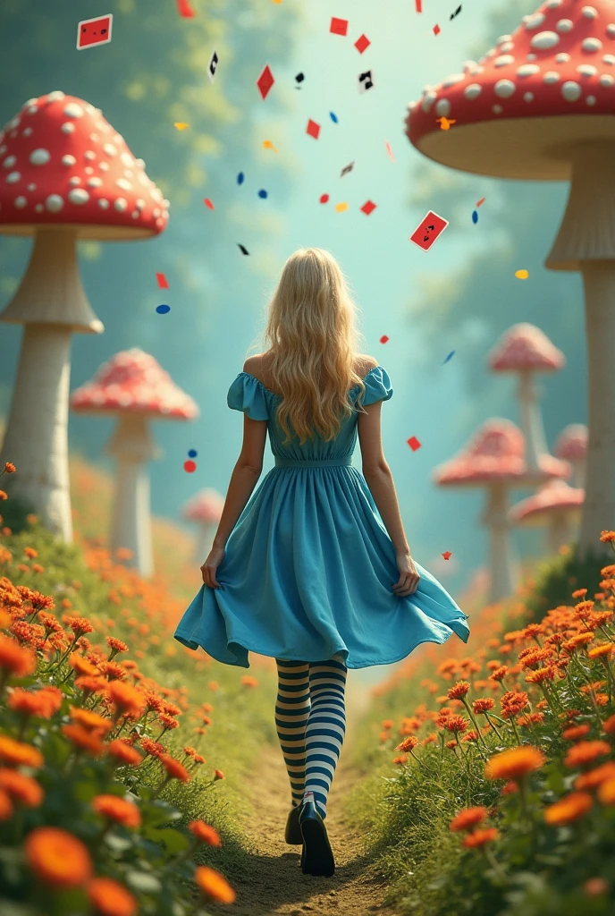 A movie poster, with a blonde with her back to me, wearing a blue dress, long striped stockings, black shoes and a black bow in her hair, walking through a field of flowers and giant mushrooms, and playing cards falling from above