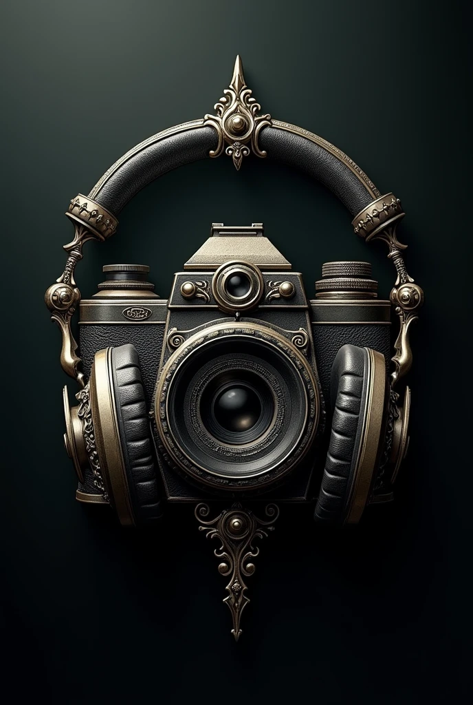 Logo with a camera and headphones in Gothic style