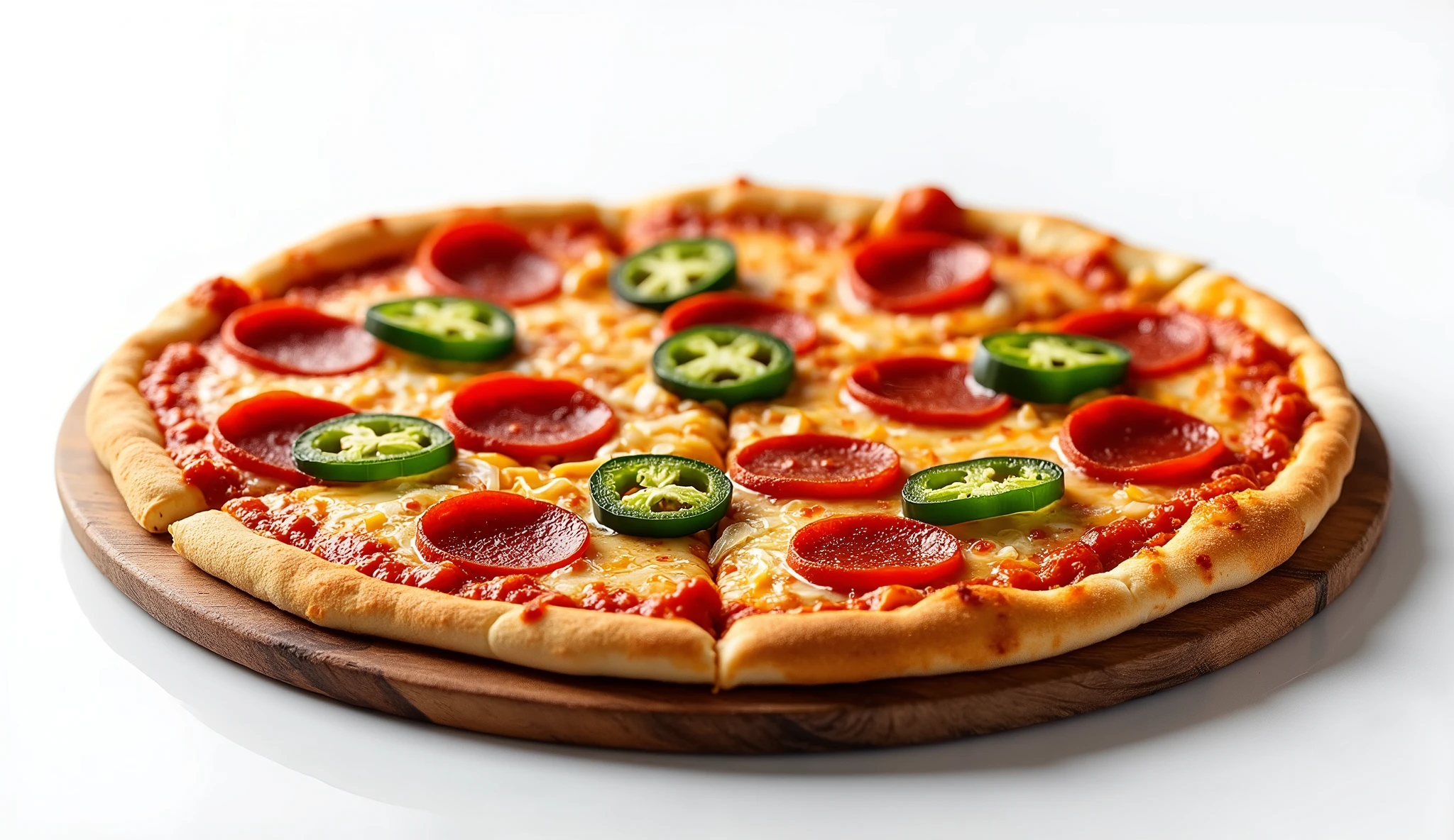 a delicious ((pizza)) on a white table with a white background, (pepperoni, bell peppers, jalapenos, onions, melted cheese, marinara sauce, crispy crust), Italian cuisine, savory, spicy, colorful toppings, fast food, cheese stretching, RAW ,Stock Photo, Masterpiece, Sony A7SIII, 4k, 8k, 12k, 80mm lens ,f/2.0, sharp focus, sharp details, highly detailed photo, intricate details, high-resolution, centered, easy to look, mockup, HD, 4K, UHD, focused, (realistic textures), full shot, wide view, safe, centered, colorful picture, modern, front view