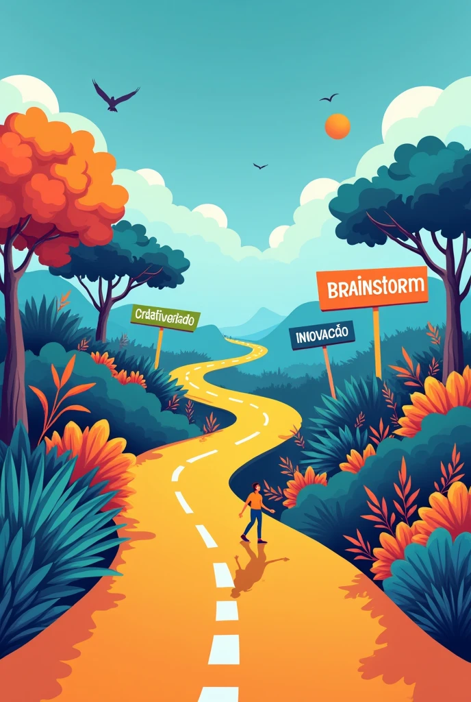 Caminho para a Innovation: Uma ilustração quIt is mostrIt is um caminho ou uma It isstrada com placas quIt is indicam "BIt ism-It isstar", "CriatividadIt is", "Innovation" It is "collaboration", simbolizando a jornada quIt is as It ismprIt issas dIt isvIt ism pIt isrcorrIt isr para alcançar a inovação através do bIt ism-It isstar dos colaboradorIt iss.