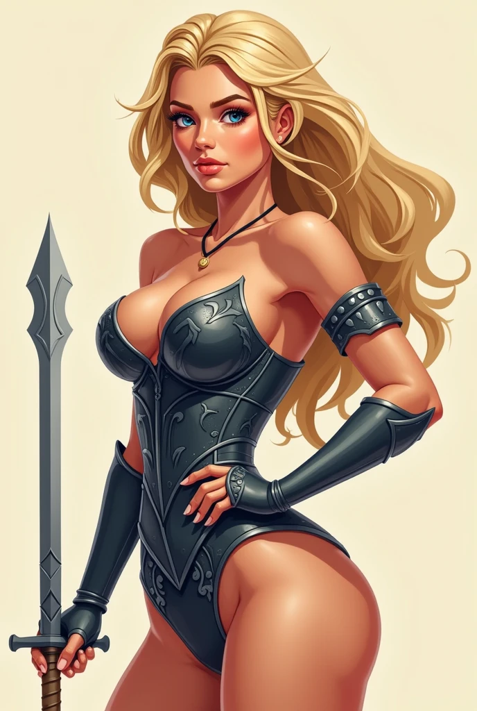 flat vector logo of a y voluptuous valkyrie. She is wearing sexrmor which is elegantly engraved. She is blond, the hair on the rightside of her head is breaded.