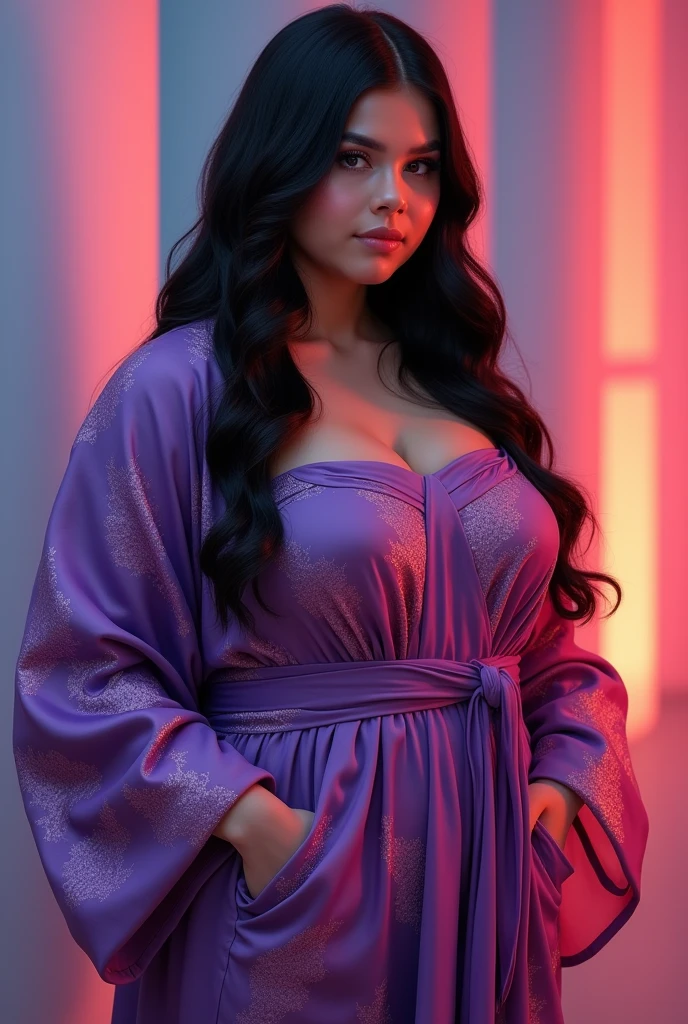 Eighteen-year-old beautiful girl,full body, standing,plump figure,huge breasts,tube top costume,Her hair is black and beautiful,Have an oval face,Slightly wide face,High cheekbones,red phoenix eye,The jawline is smooth。She has double eyes,Eyelids are a bit thick,Nose high and straight,Small mouth and thick lips。Overall facial features are exquisite and three-dimensional,Smile,Wearing a purple printed robe