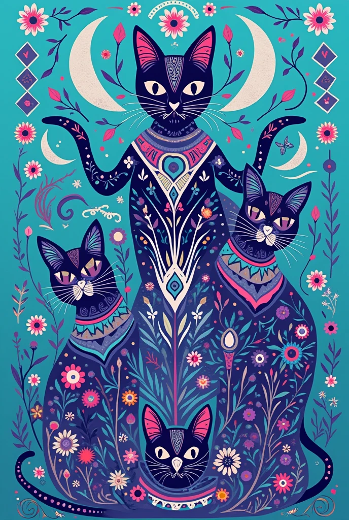 A drawing of cats with a tribal and Egyptian style, with linear shapes in the middle, on a cyan background with shades of purple.. The cats should be small elements in the whole drawing - they are in the background, and the symbols should predominate in the rest of the sheet. The design must be linear and symmetrical.