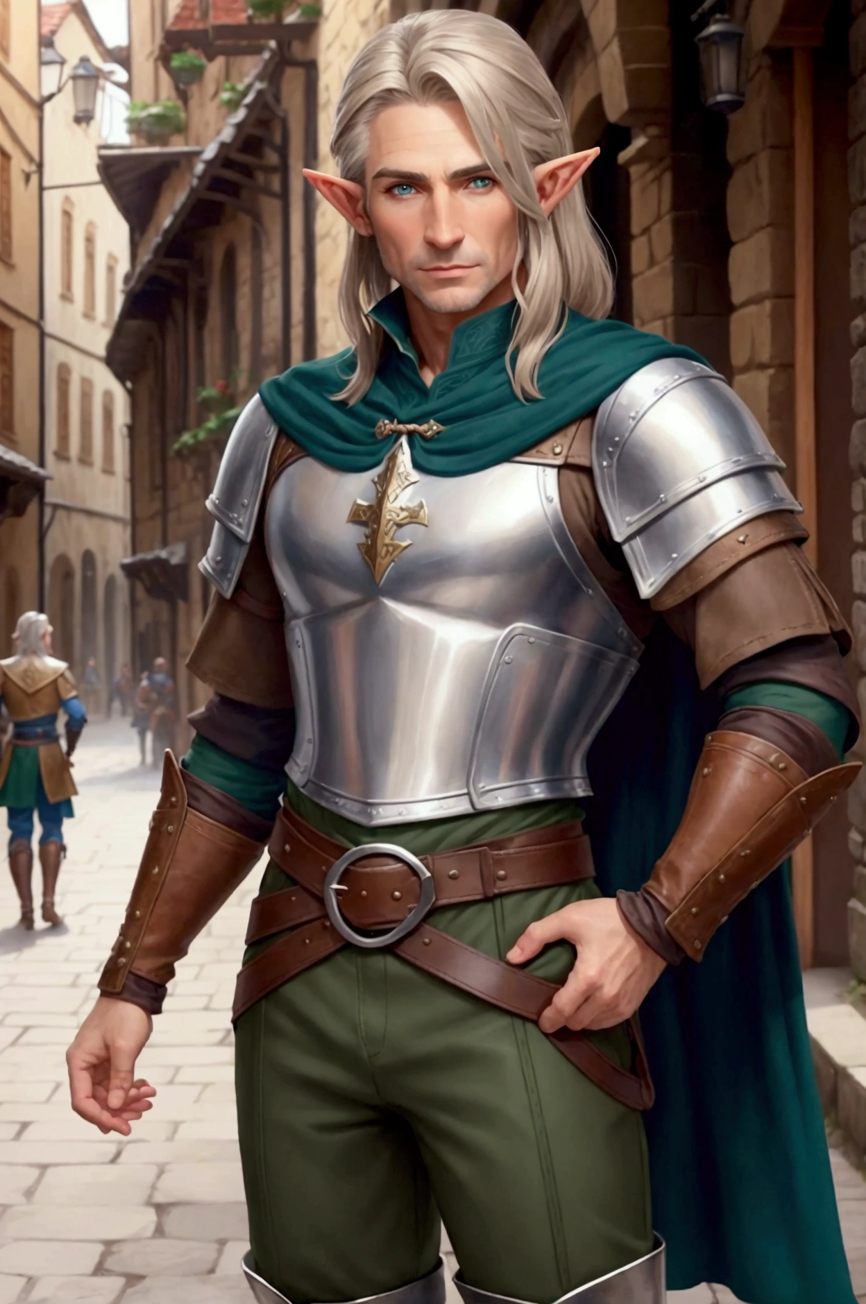 Make an Elf Mature-looking man, short and long dark blond hair, brown eyes, wears a blue medieval adventurer's outfit with silver details, wears dark green pants and brown leather boots in a medieval city setting