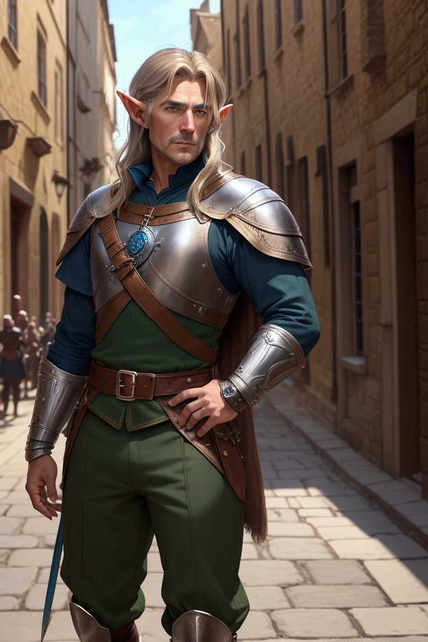 Make an Elf Mature-looking man, short and long dark blond hair, brown eyes, wears a blue medieval adventurer's outfit with silver details, wears dark green pants and brown leather boots in a medieval city setting