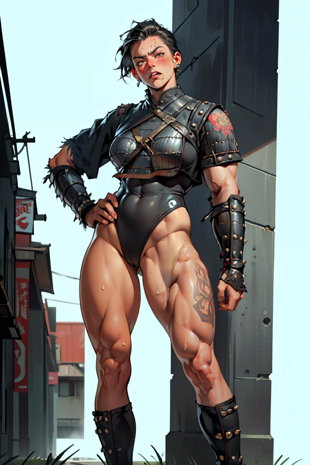(high resolution, pixel perfect, gorgeous illustrations), (hyper quality, muste piece, etheric: 1.4), ((nsfw)), (((cowboy shot))), face focus, ((1girl)), (((Androgynous, boyish))), (((((punk))))), hot Rocker punk girl, ((((hand on hip, open stance)))), cool atmosphere, black hair, ((((very_short_hair, slicked_back_hair)))), ((((piercing)))), eyelid_piercing, nose_piercing, (((Exquisite face, angry))), blush, tattoo, (((((((muscular_female))))))), (thick thighs, wide hips, Big breasts that are about to burst), fighter, ((((very hairy)))), ((naked armor)), (((highleg_leotard_armor))), (((cameltoe))), sweat, shiny skin, gleaming skin, simple background,