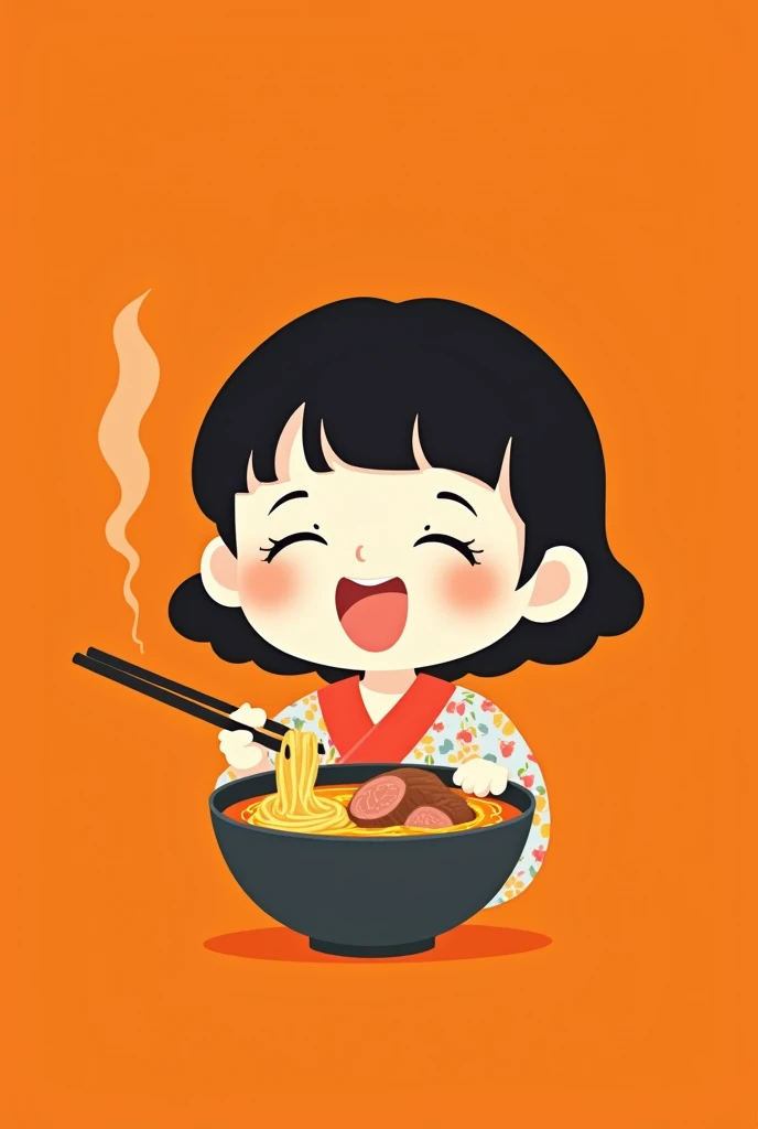 minimalist logo, as a  Japanese girl, closed eyes, happy, Eating noodles with bits of meat, on an orange background.