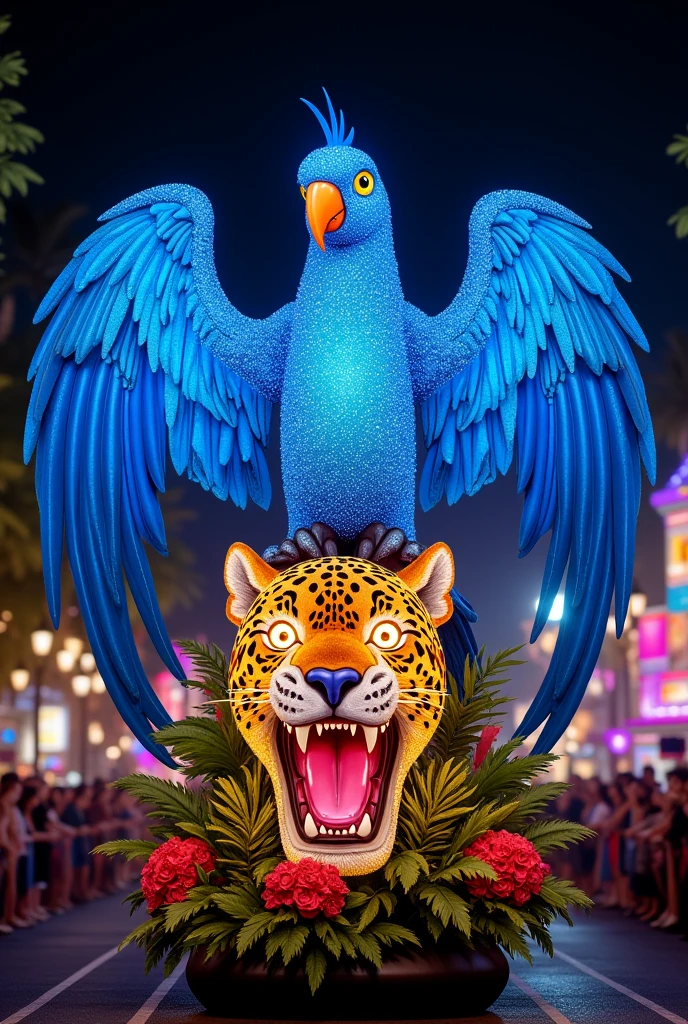 allegorical float with a giant blue macaw with open wings and a jaguar head in front with lights in its eyes
