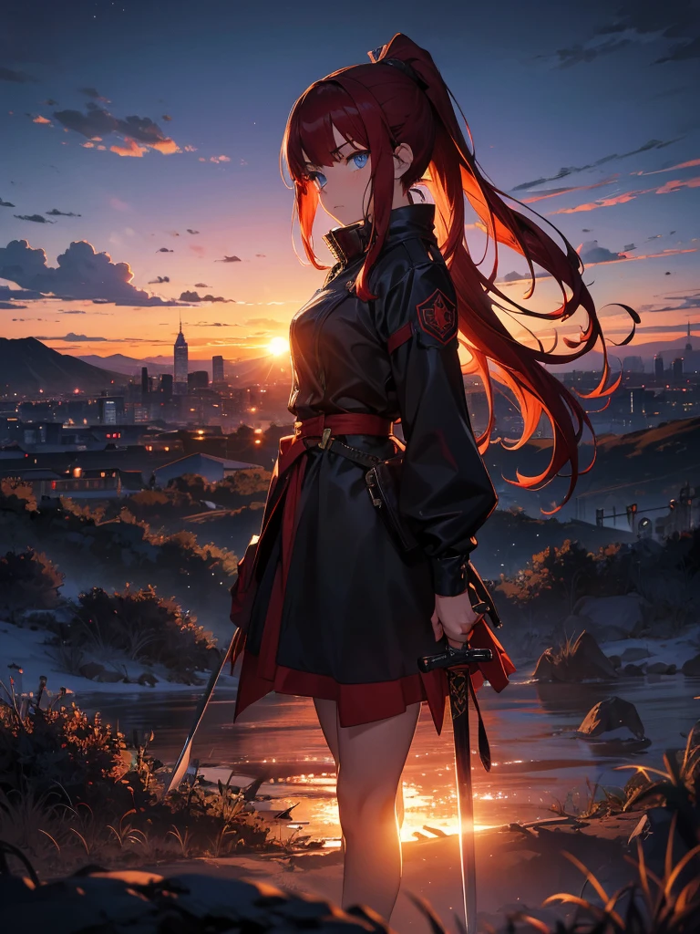 Cityscape, building, Skyline, sunset, Silhouette against a cloud background, meditation. Watching the beautiful sunset, sunset時に, sunset時, sunsetとともに, In the sunset, Nice views, Sunset view, With the sunset, sunset時に, During Golden Hour, looking sunset時に, Sunset in the background, Watching the sunset, Get noticed,, Very detailed, blue eyes, Red Hair, Angry expression,Wearing a black fur jacket, Medium Hair,ponytail, Anime Style, whole body, alone, Stylish Sword Fighter Girl, Has a rapier,Standing in the Wilderness, 8K high resolution, White Background, The background is a dark and desolate landscape, Horror movie atmosphere. Her figure is very beautiful, Emphasizing the dark and crazy elements. Skillfully expressing the effects of light and shadow, Anime girls from &#39; Forefront, Mechanized Soldier Girl, &#39; Forefront style