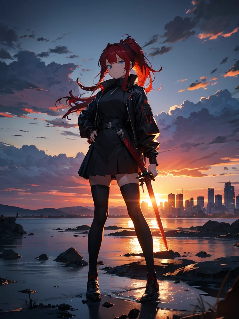 Cityscape, building, Skyline, sunset, Silhouette against a cloud background, meditation. Watching the beautiful sunset, sunset時に, sunset時, sunsetとともに, In the sunset, Nice views, Sunset view, With the sunset, sunset時に, During Golden Hour, looking sunset時に, Sunset in the background, Watching the sunset, Get noticed,, Very detailed, blue eyes, Red Hair, Angry expression,Wearing a black fur jacket, Medium Hair,ponytail, Anime Style, whole body, alone, Stylish Sword Fighter Girl, Has a rapier,Standing in the Wilderness, 8K high resolution, White Background, The background is a dark and desolate landscape, Horror movie atmosphere. Her figure is very beautiful, Emphasizing the dark and crazy elements. Skillfully expressing the effects of light and shadow, Anime girls from &#39; Forefront, Mechanized Soldier Girl, &#39; Forefront style