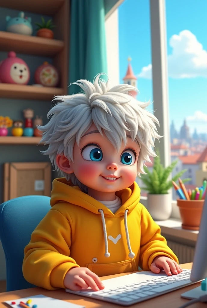 "Create an anime-style image of a young child sitting at a computer desk. The child has large, bright blue eyes, and silver or white messy hair. They are wearing a normal yellow hoodie with cute and large The background is a cozy, well-with a window showing a cityscape under a clear blue sky. There are toys and decorations on shelves in the room, adding a playful and atmosphere. The lighting is warm, reflecting a peaceful and creative environment."