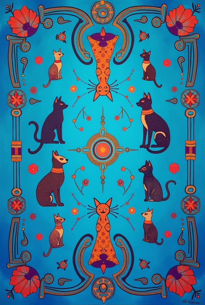 A drawing of cats with a tribal and Egyptian style, with linear shapes in the middle, on a cyan background with shades of purple.. The cats should be small elements in the whole drawing - they are in the background, and the symbols should predominate in the rest of the sheet. The design must be linear and symmetrical.