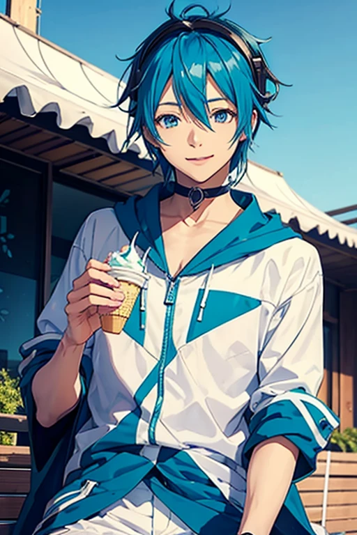 vocaloid kaito, in a relaxed pose, smiling and eating ice cream