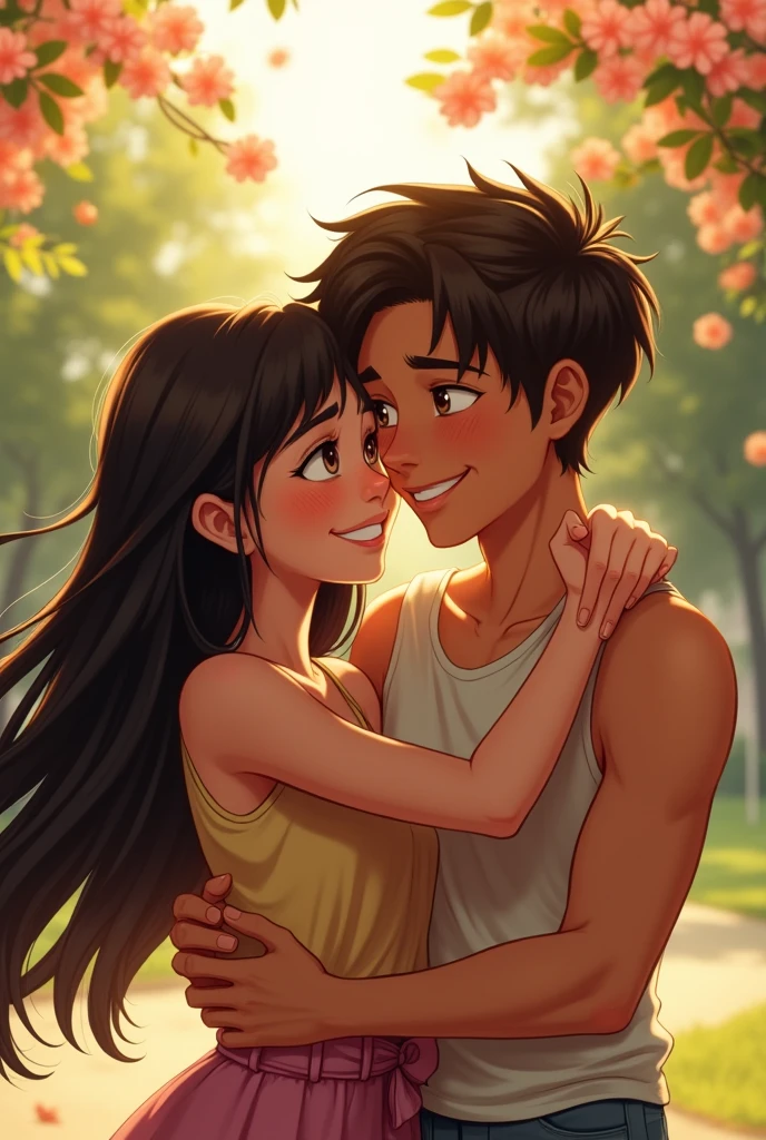 two teenagers hugging, A girl with long black hair, a tanned girl smiling with dimples and beautiful big eyes. A light-skinned boy with a pretty smile and very dark brown hair, slightly large Disney eyes
