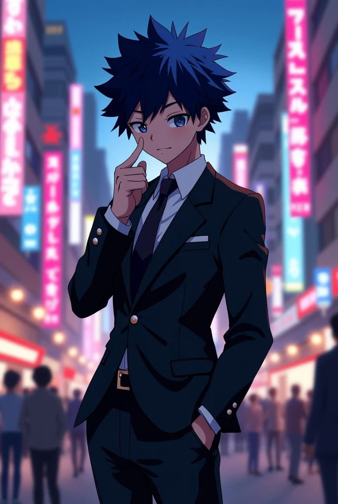 , a character named Tamaki from the anime My Hero Academia, wearing a sleek black suit, shy, with blue hair, a boy touching his nose, hairless and without tattoos, with a slight blush, with a grain in the nose, with spiked hair
