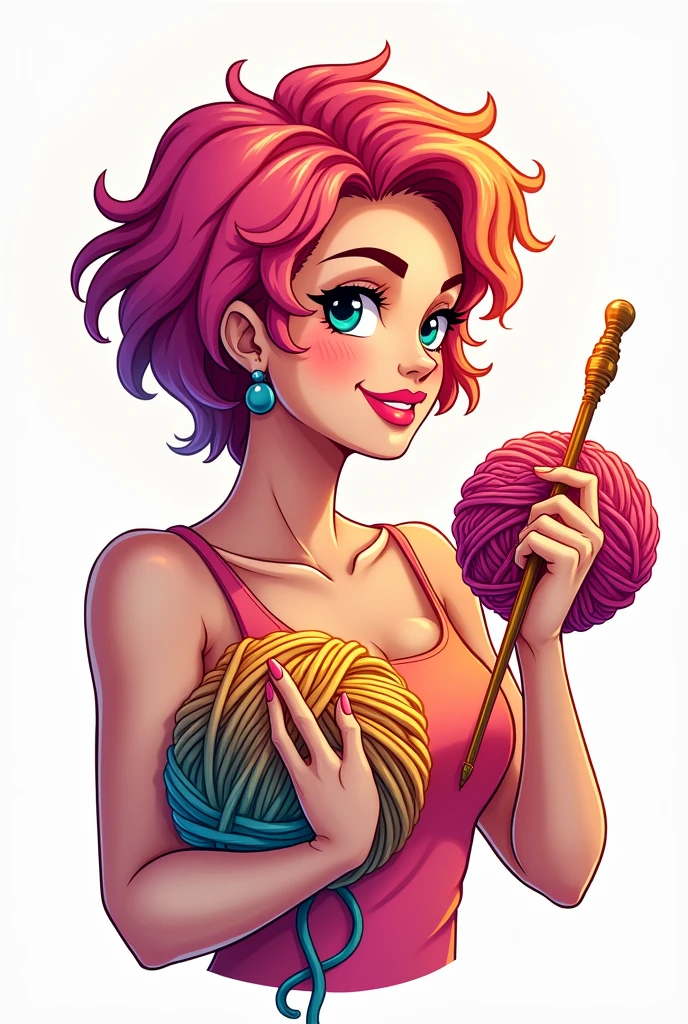 A logo of a woman with short pink and orange hair holding a crochet yarn in each hand and a crochet hook.